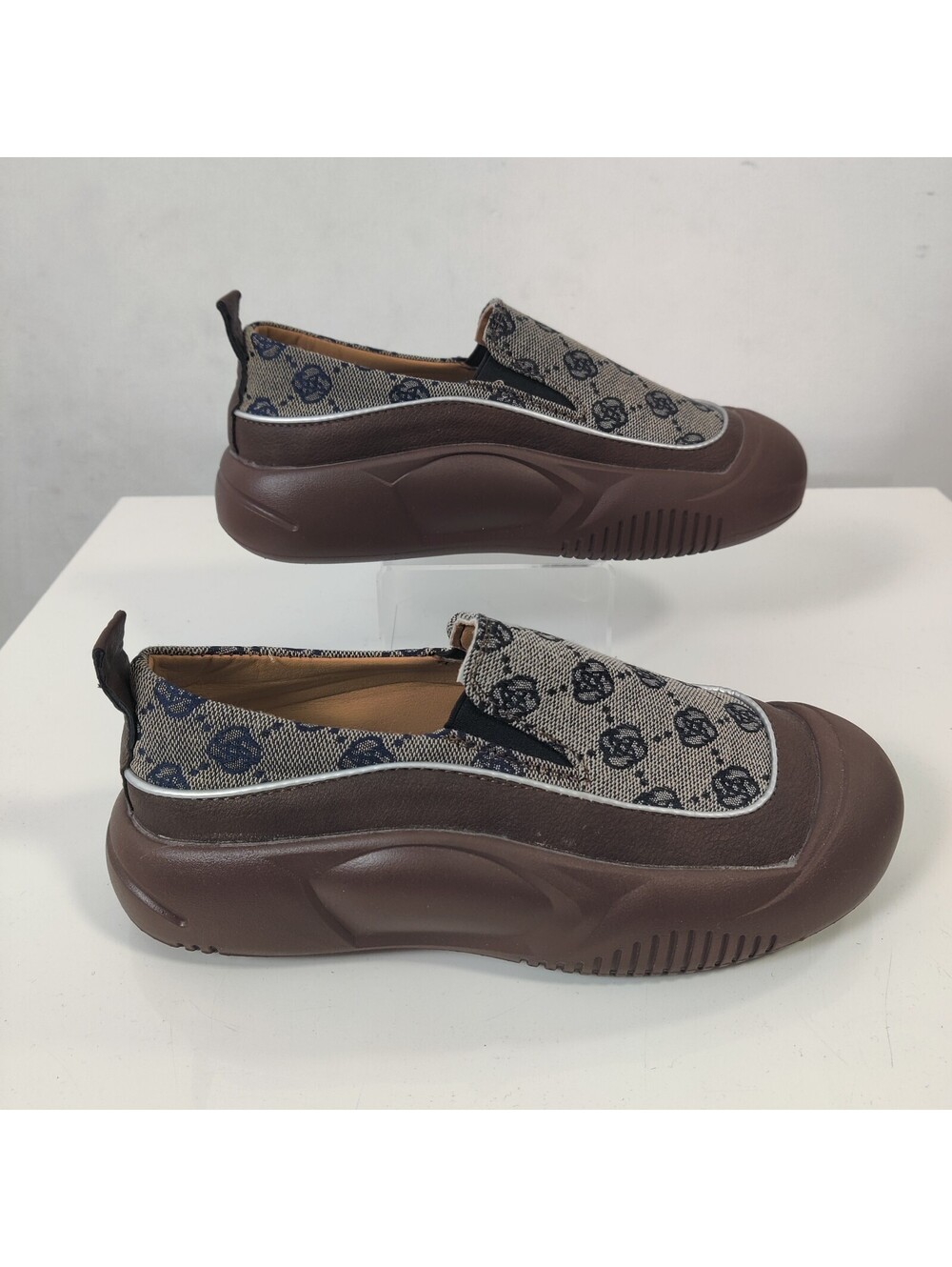Brown Monogram Jacquard Chunky Platform Slip On Loafer Sneakers Shoes EU 38